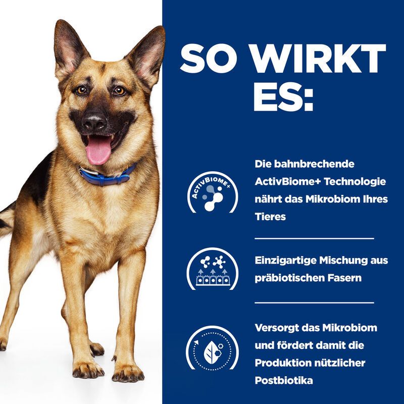 Blauer Hintergrund mit Text und Hund. Text: So wirkt es: ActivBiome+ Technologie, einzigartige Mischung, fördert Postbiotika.