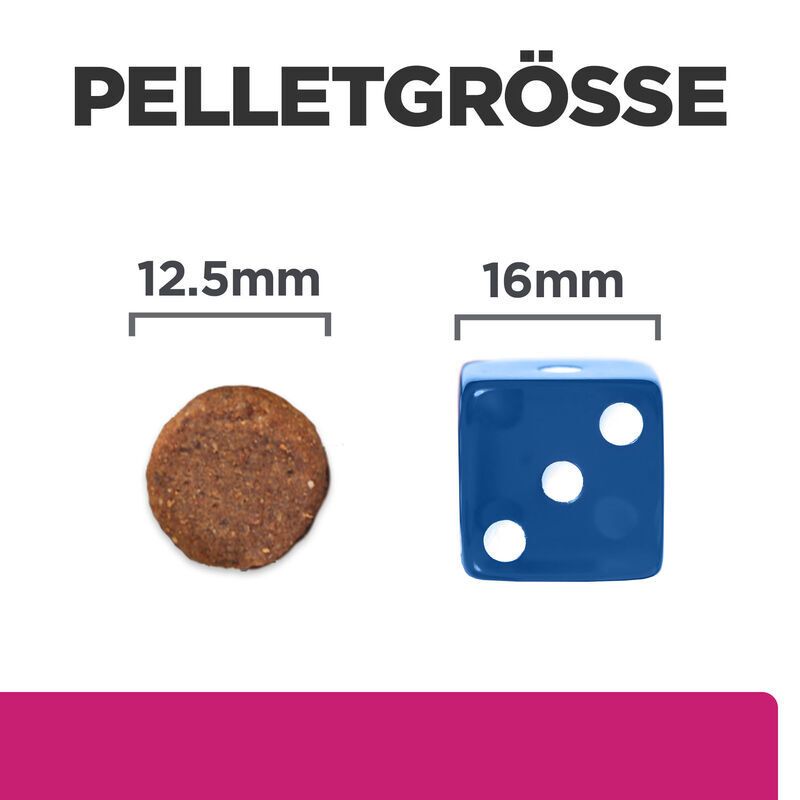 Nahaufnahme von Futterpellets und Würfel. Text: Pelletgröße, 12,5 mm und 16 mm.