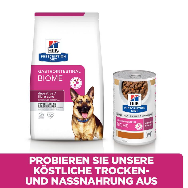 Hundefutterbeutel und Dose. Text: Gastrointestinal Biome, digestive/fibre care. Probieren Sie unsere Trocken- und Nassnahrung aus.