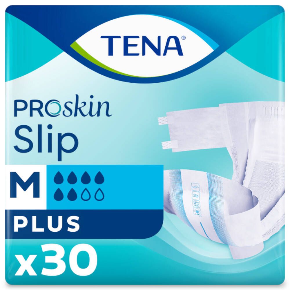 TENA ProSkin Slip M Plus x30 Packung. Blaue Verpackung mit Produktabbildung und Größenangabe.