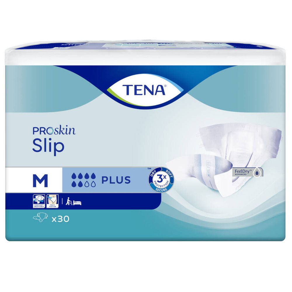 TENA ProSkin Slip M Plus x30 Packung. Produktabbildung auf der Verpackung. Größe M.