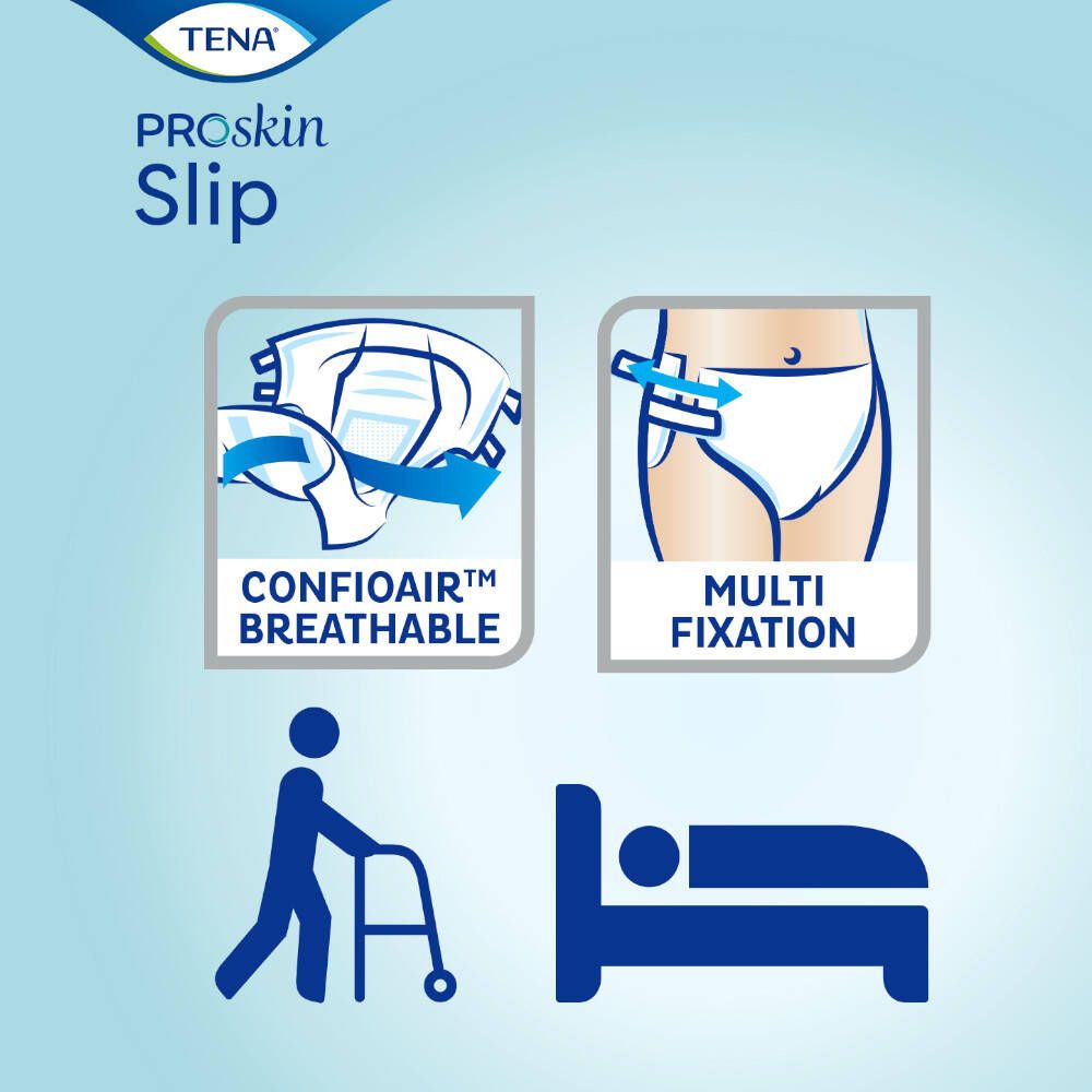 Grafische Darstellung von Merkmalen: atmungsaktiv, mehrfache Fixierung. Piktogramme: Gehhilfe, Bett.