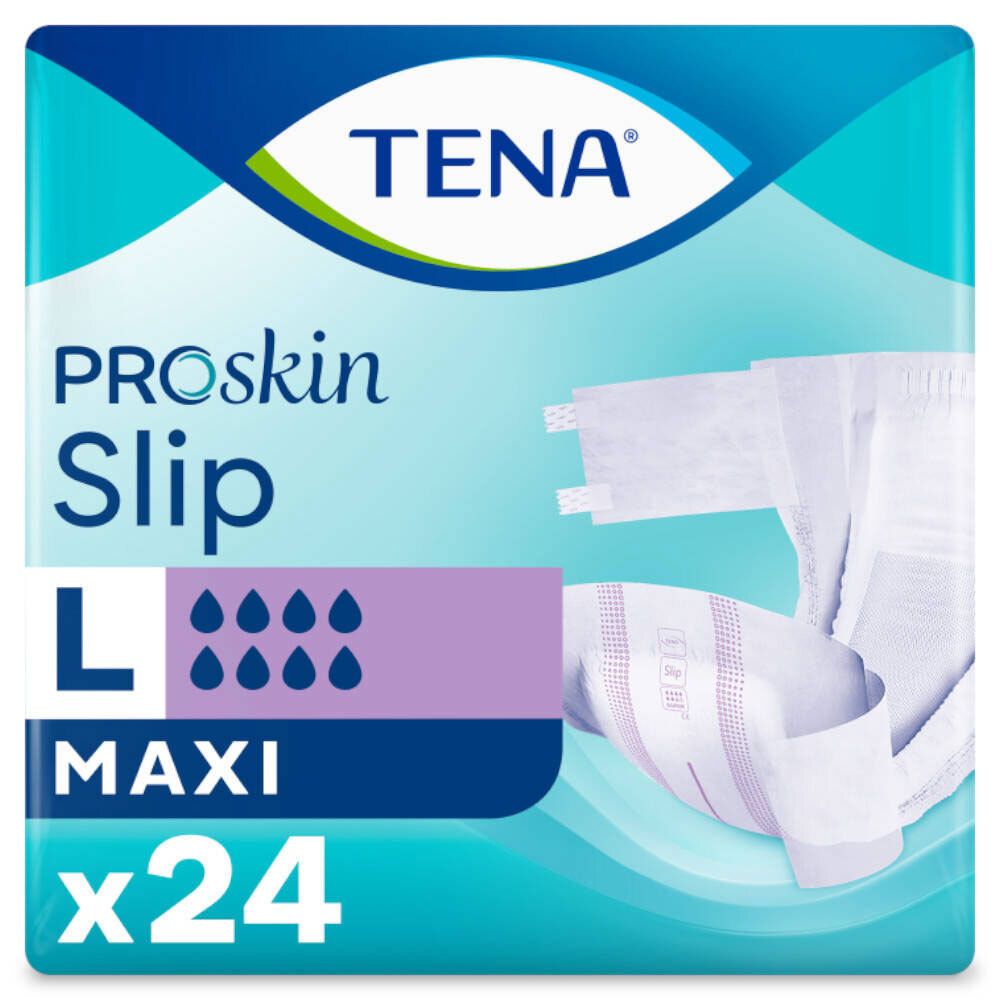 TENA ProSkin Slip Maxi Groß, Packung mit 24 Stück. Größe L. Produktverpackung mit Produktabbildung.