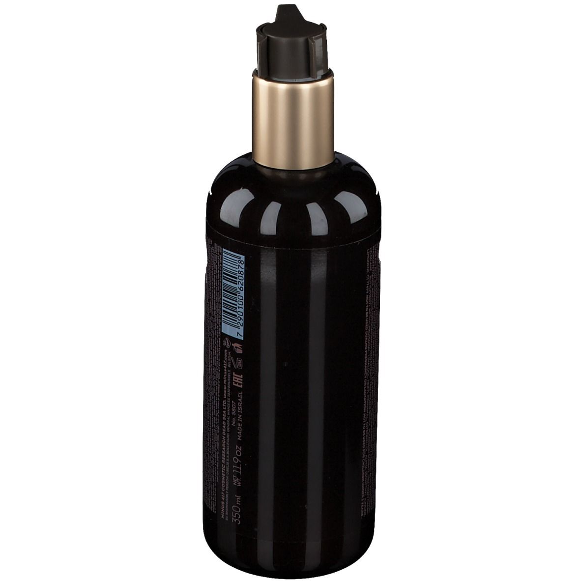 Schwarze Flasche mit Pumpe. Aufschrift: -417, Sensual Essence, Intense Volumizing Mud Shampoo. Rückseite mit Text.