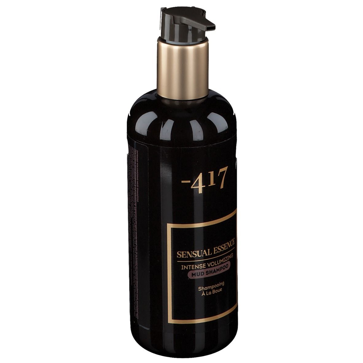 Schwarze Flasche mit Pumpe. Aufschrift: -417, Sensual Essence, Intense Volumizing Mud Shampoo.