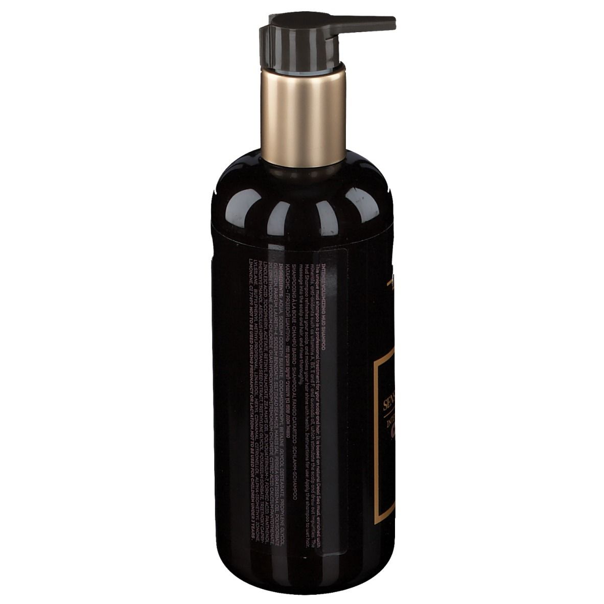 Schwarze Flasche mit Pumpe. Aufschrift: -417, Sensual Essence, Intense Volumizing Mud Shampoo. Rückseite mit Text.