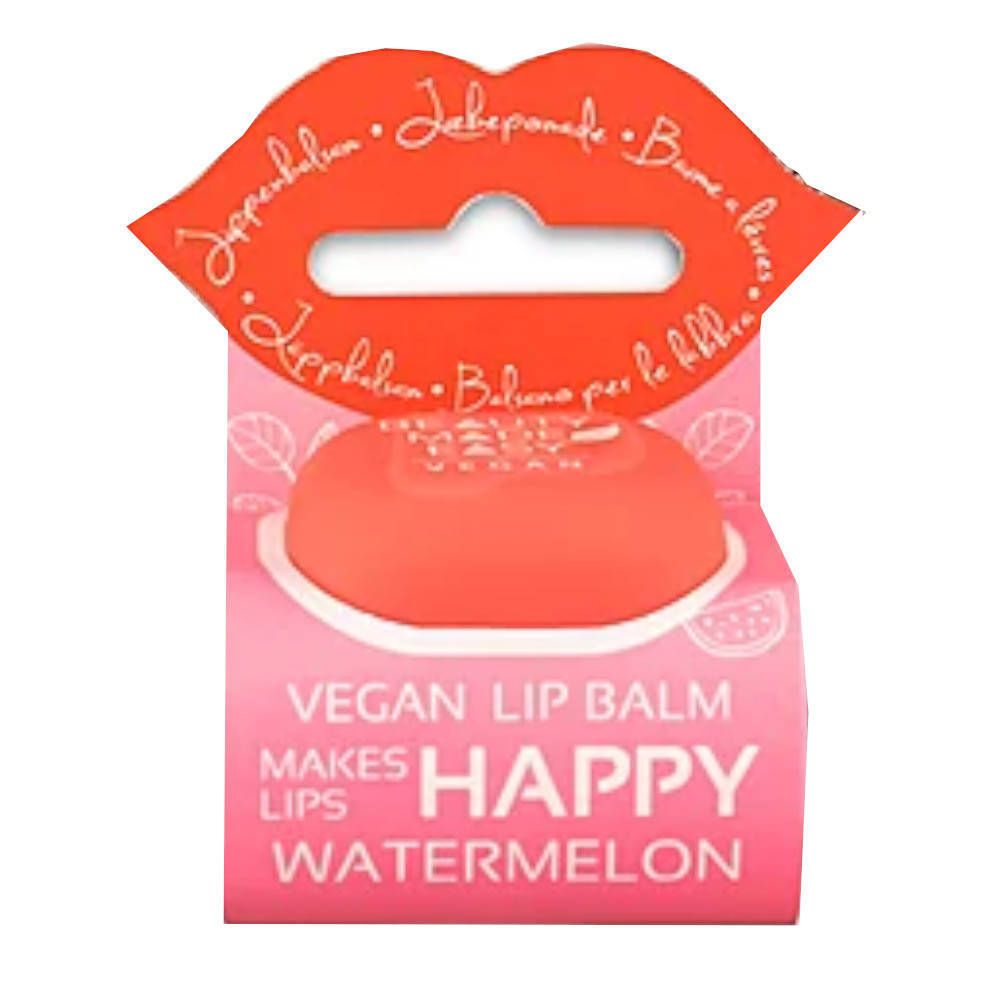 Roter Lippenbalsam in Verpackung. Aufschrift: Vegan Lip Balm, Happy Watermelon. Lippen-Form als Aufhänger.