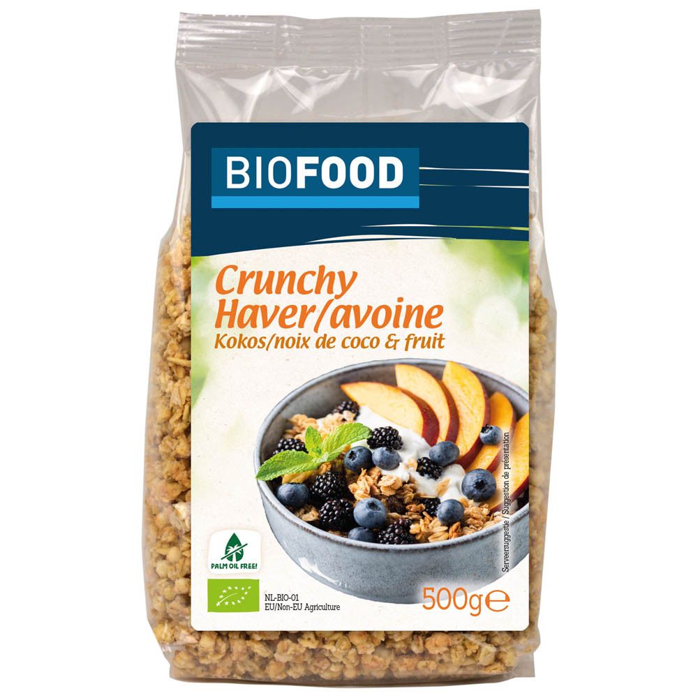 BIOFOOD Crunchy Hafer/Avoine Kokos & Frucht in transparenter Verpackung. Etikett mit Produktname, Bio-Siegel und 500g.