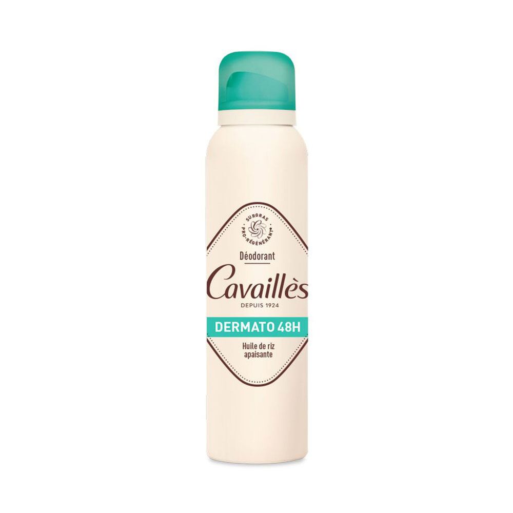 Deodorant-Spraydose. Weiß, mit türkisfarbenem Deckel. Aufschrift: Cavaillès, Dermato 48H. Mit Reisöl.