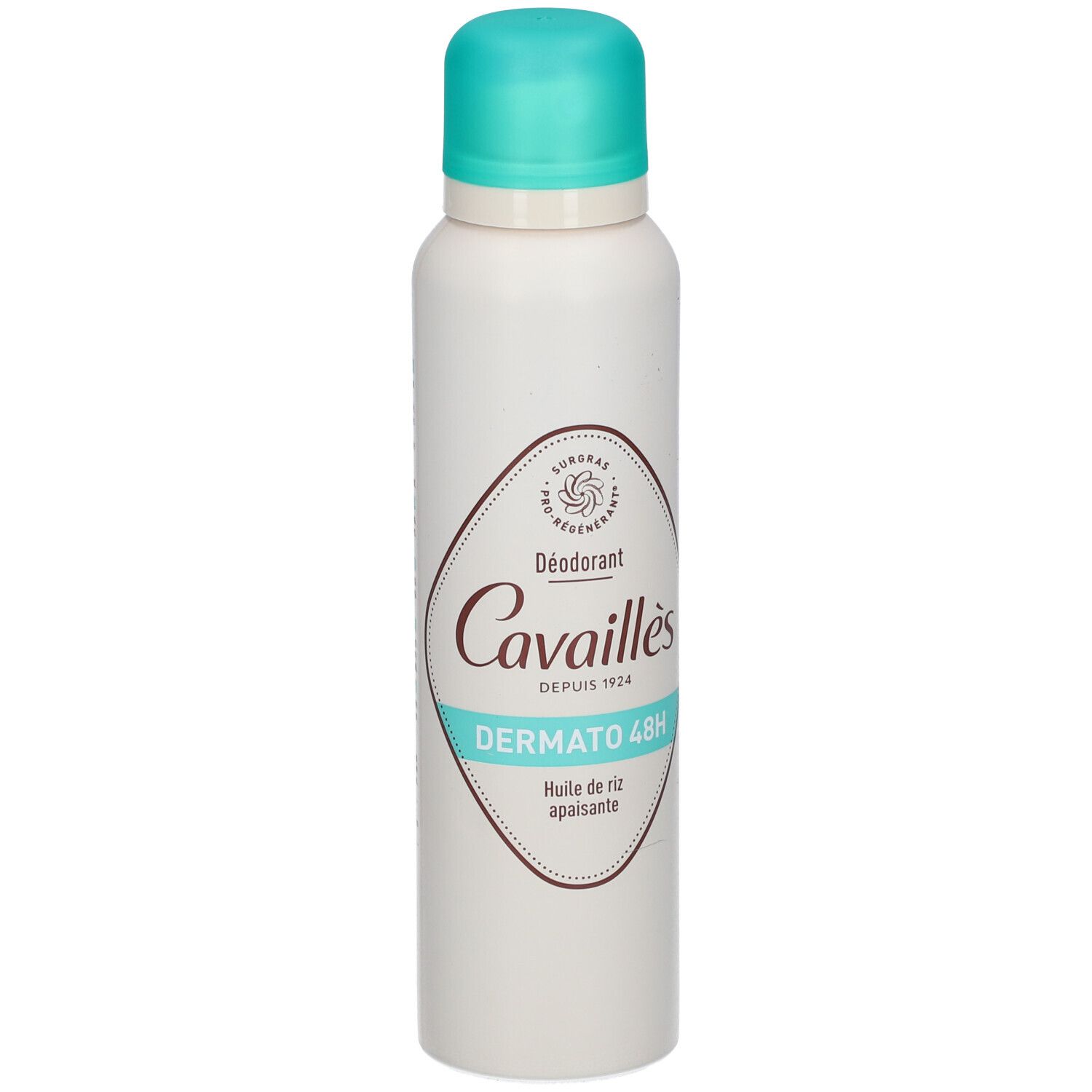 Rogé Cavaillès Deodorant Dermato 48H mit Reishülse, weißer Aerosoldose mit türkisfarbenem Deckel.
