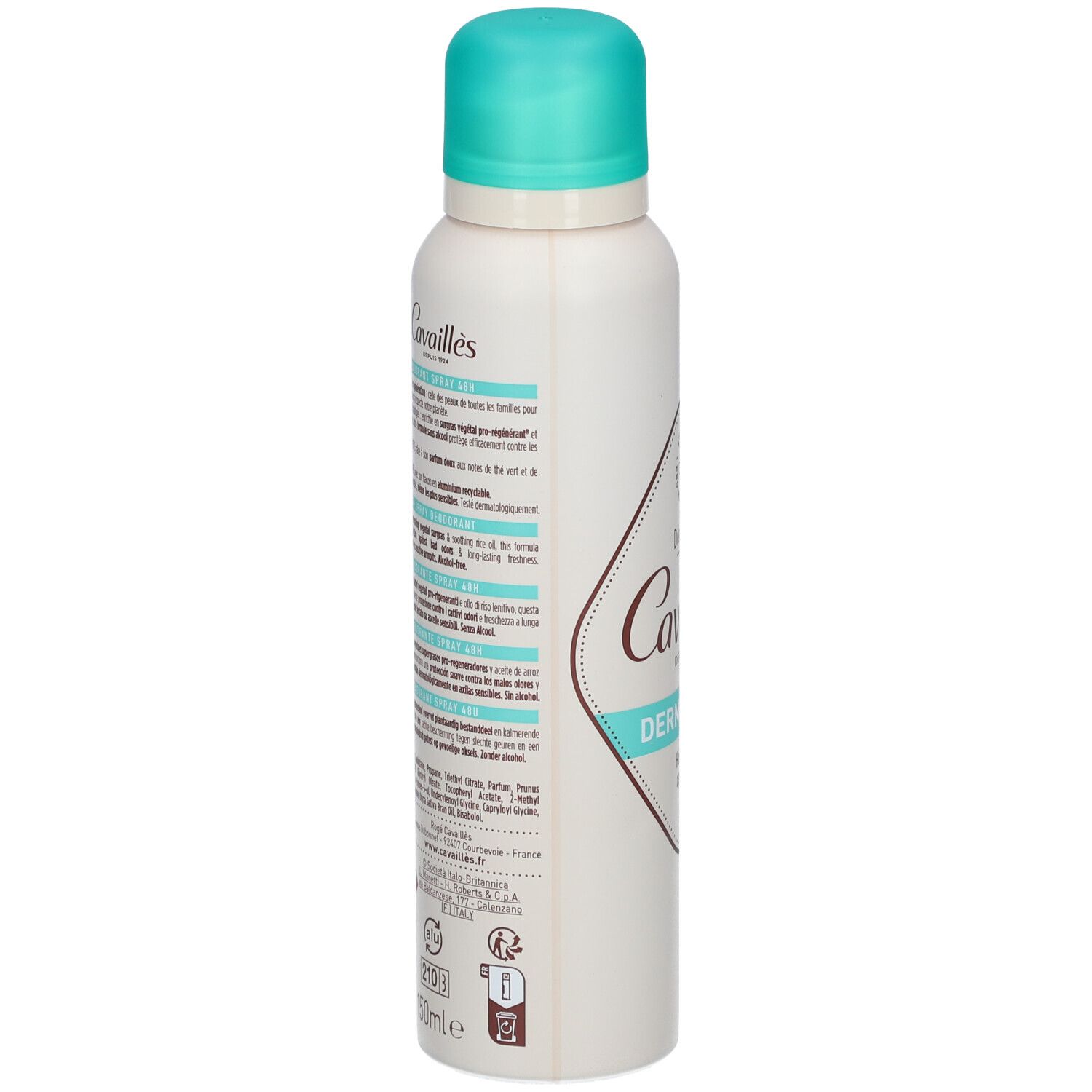 Rückseite der Rogé Cavaillès Deodorant Dermato 48H Dose mit Inhaltsstoffen und Anwendungshinweisen.