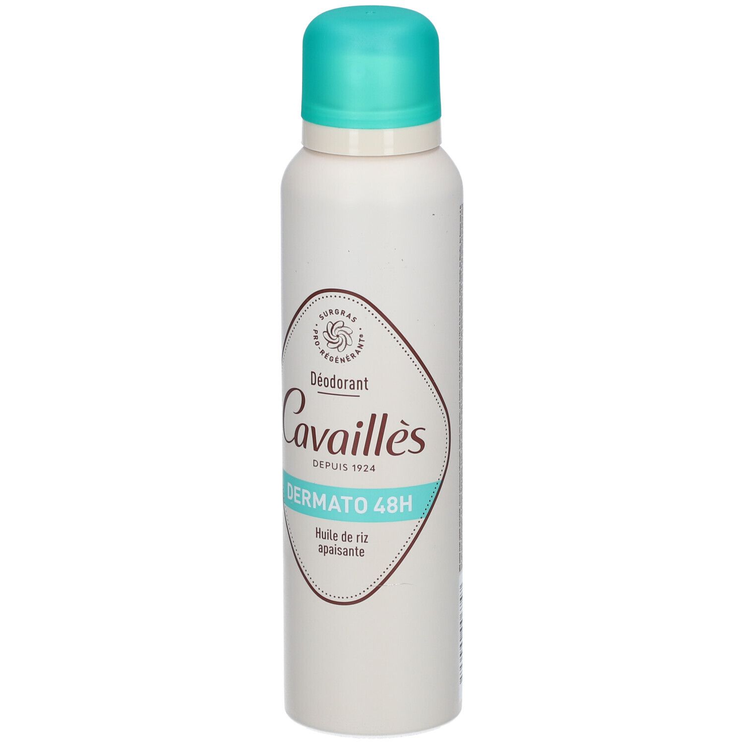 Rogé Cavaillès Deodorant Dermato 48H mit Reishülse, weiße Aerosoldose mit türkisfarbenem Deckel.