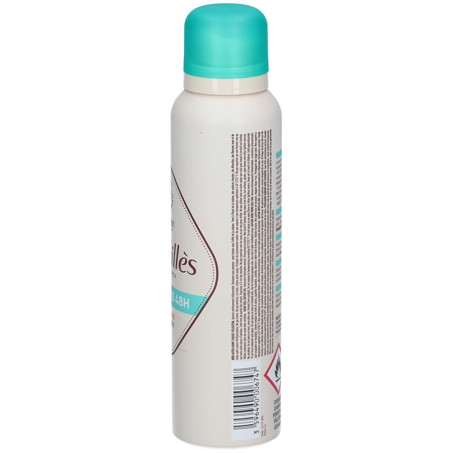 Seite der Rogé Cavaillès Deodorant Dermato 48H Dose mit Barcode und Warnsymbolen.