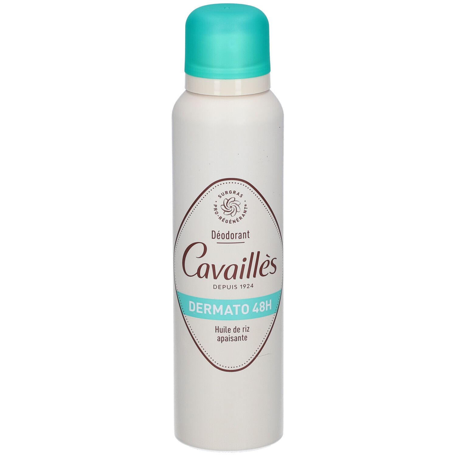 Rogé Cavaillès Deodorant Dermato 48H mit Reishülse, weiße Aerosoldose mit türkisfarbenem Deckel.