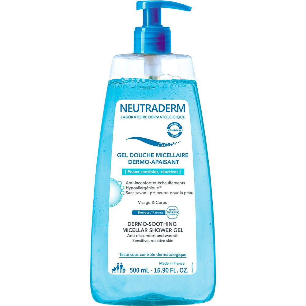 Neutraderm Mizellenduschgel. Blaue Flasche mit blauem Pumpkopf. Text: Dermo-beruhigend, für empfindliche Haut. 500 ml.