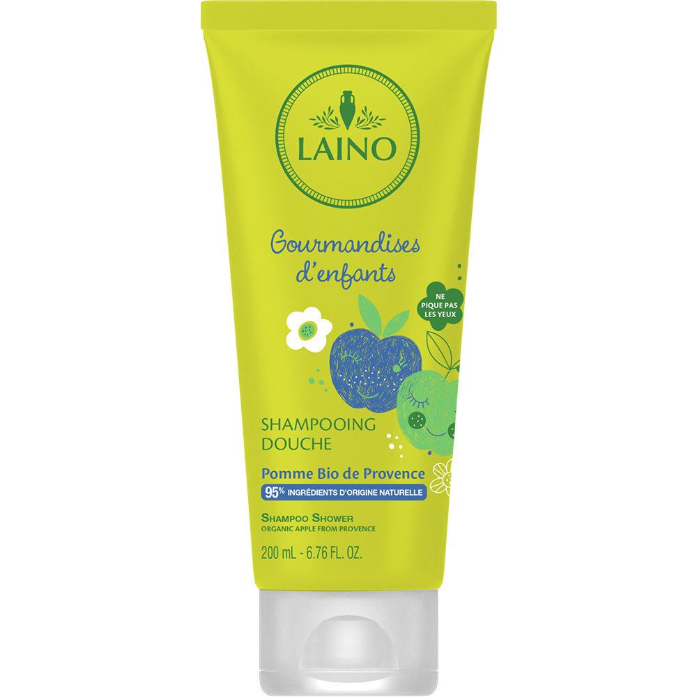 Grüne Tube mit LAINO-Logo und "Gourmandises d'enfants". Enthält Abbildungen von Äpfeln. Text: "Shampooing Douche" und "Pomme Bio de Provence".