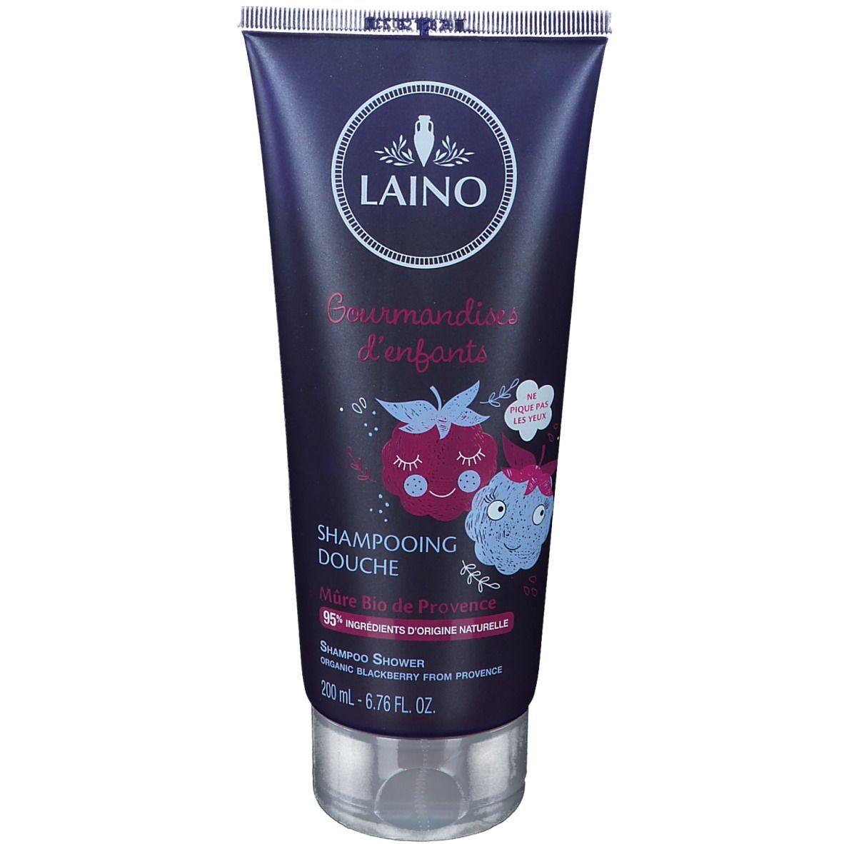 Dusch-Shampoo-Tube mit LAINO-Logo und Brombeere-Illustration. Text: "Gourmandises d'enfants", "Shampooing Douche".