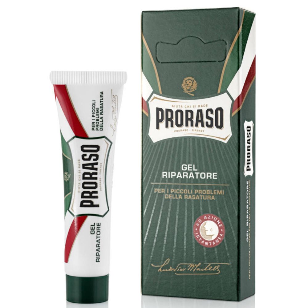 Proraso Reparatur-Gel Tube und Kartonverpackung. Weiß-grünes Design mit roter Akzentlinie.