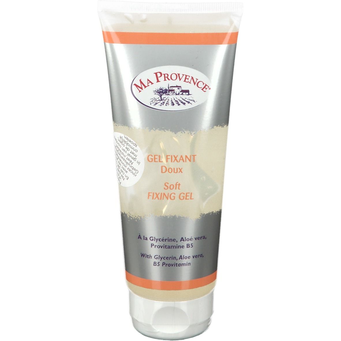 Tube Haargel. Marke MA PROVENCE. Text: GEL FIXANT Doux Soft FIXING GEL. Mit Glycerin, Aloe vera, Provitamin B5.
