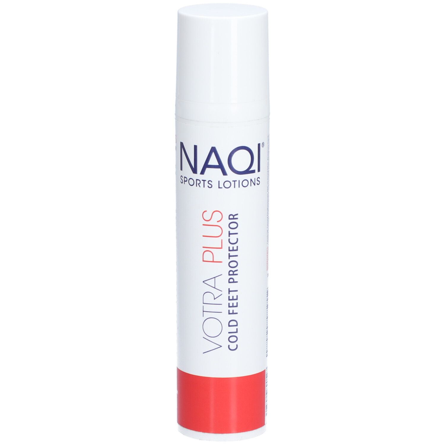 Weiße Tube mit rotem Boden. Aufschrift: NAQI SPORTS LOTIONS, VOTRA PLUS COLD FEET PROTECTOR.