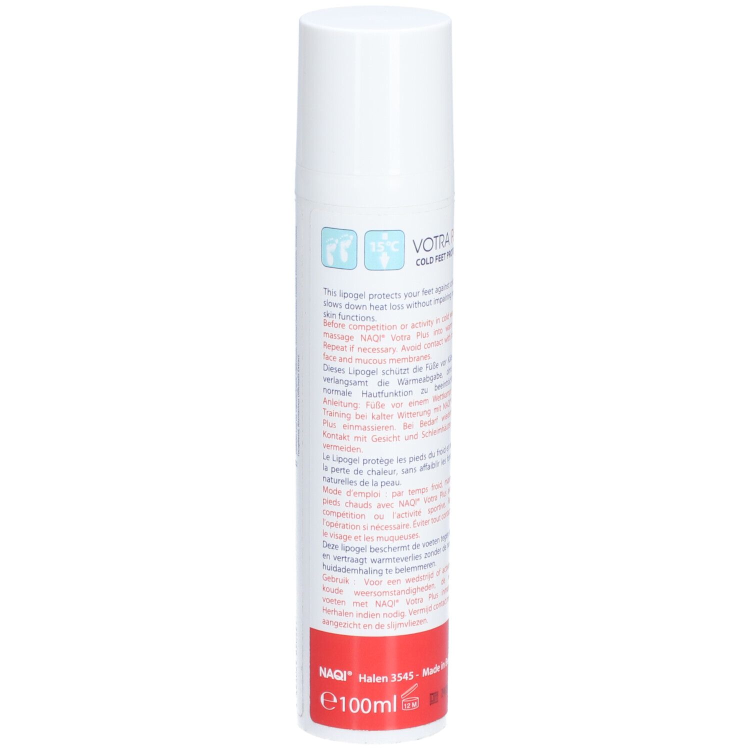 Weiße Tube mit rotem Boden. Text in mehreren Sprachen. Aufschrift: NAQI SPORTS LOTIONS, VOTRA PLUS COLD FEET PROTECTOR. E100ml.