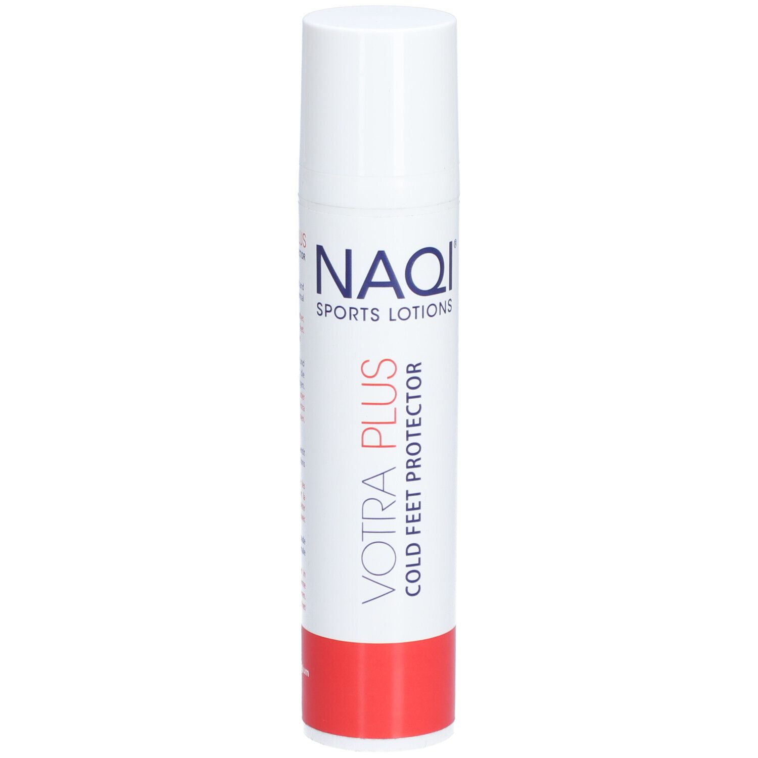 Weiße Tube mit rotem Boden. Aufschrift: NAQI SPORTS LOTIONS, VOTRA PLUS COLD FEET PROTECTOR.