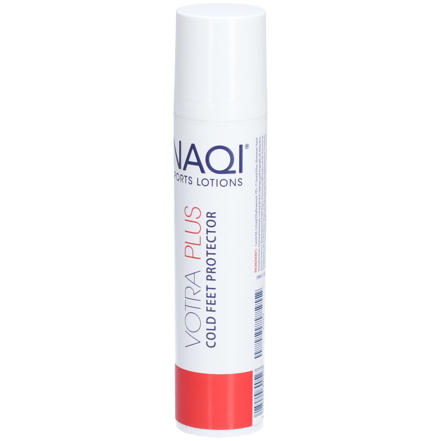 Weiße Tube mit rotem Boden. Aufschrift: NAQI SPORTS LOTIONS, VOTRA PLUS COLD FEET PROTECTOR.