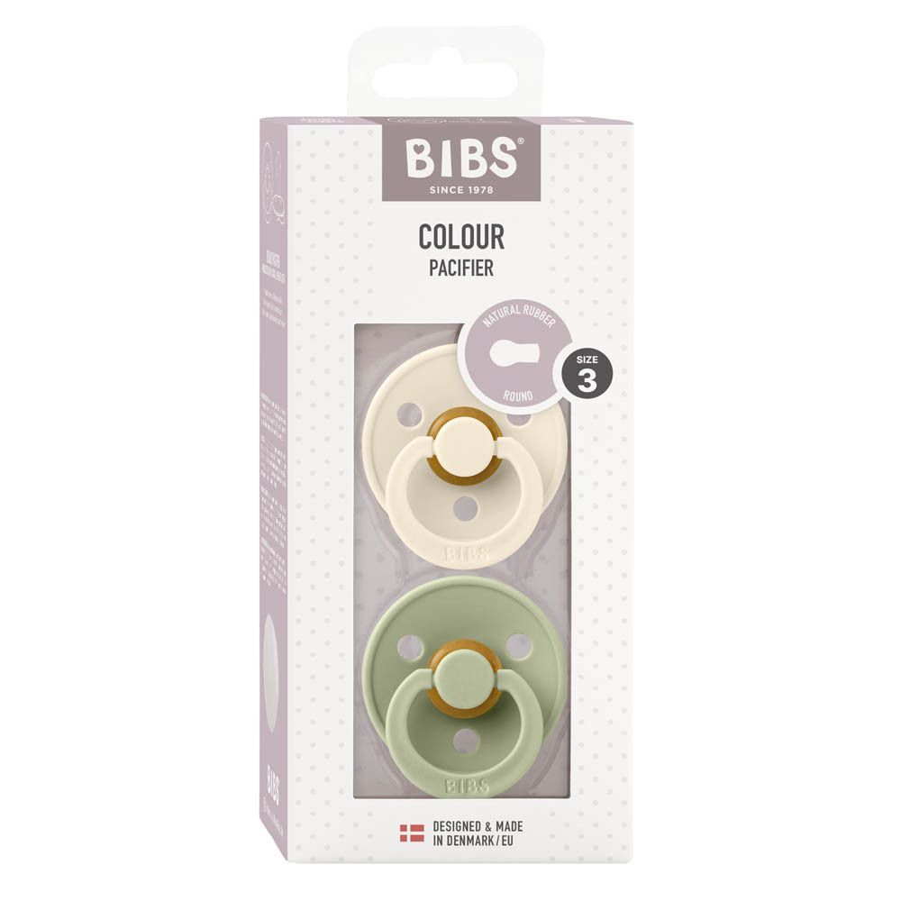 BIBS COLOUR Schnuller, Größe 3, in Verpackung. Zwei Schnuller, Salbei und Elfenbein. Naturgummi. Hergestellt in Dänemark.