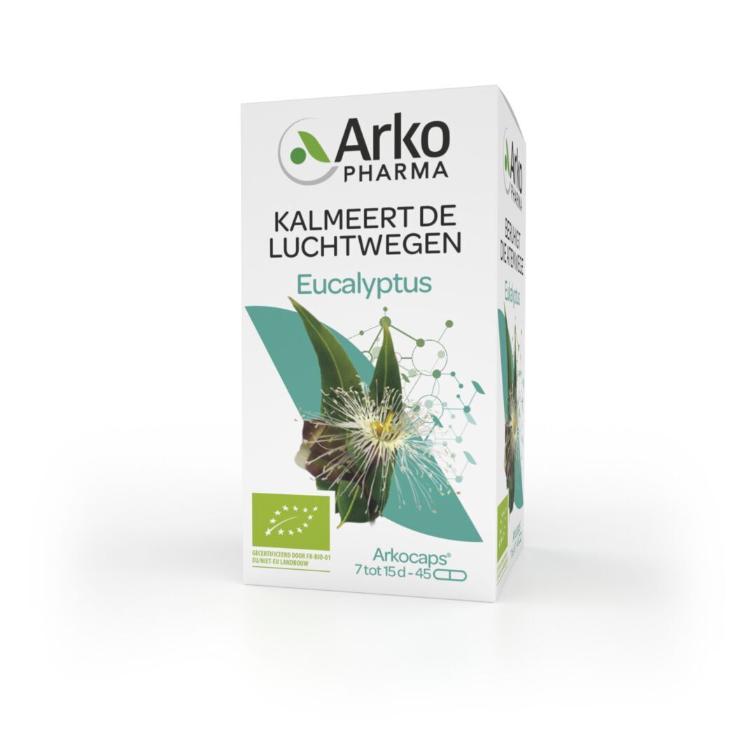 Weiße Verpackung mit Aufschrift: Kalmeert de luchtwegen Eukalyptus. Logo: Arkopharma. Zertifizierung: AB-BIO.