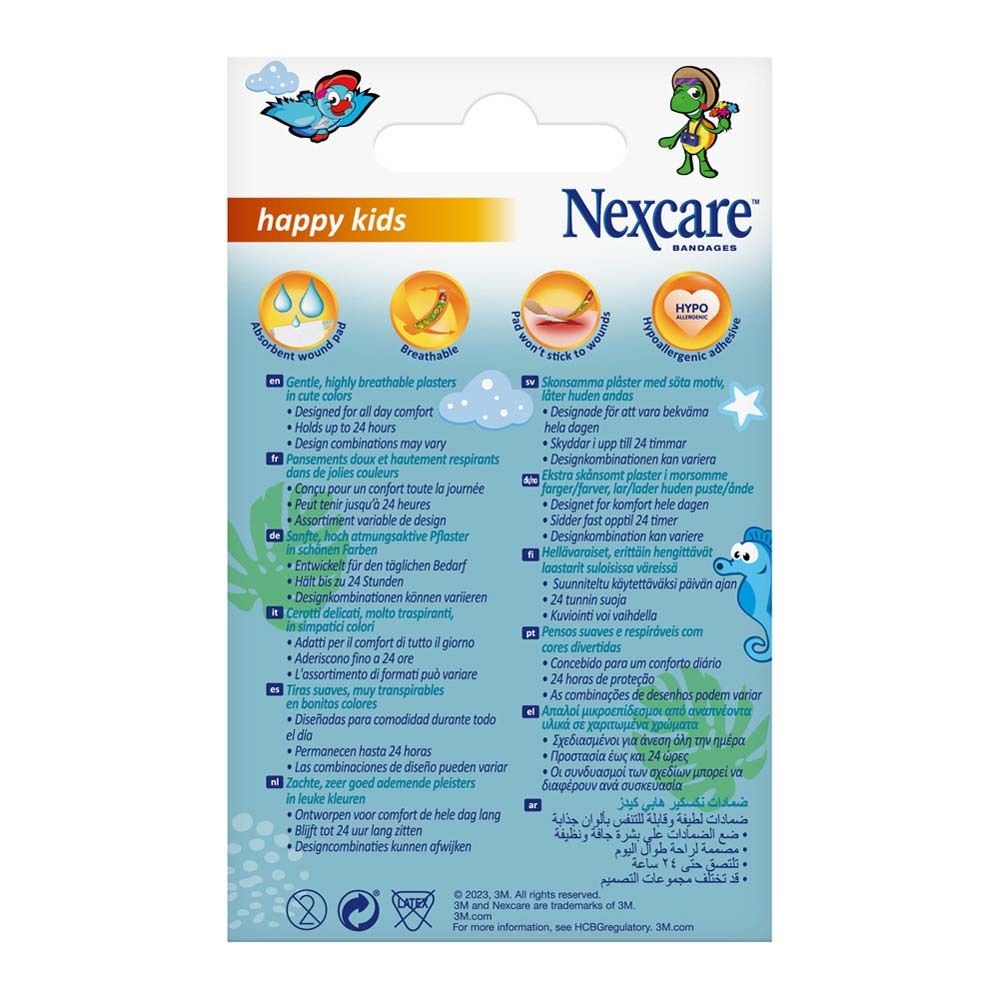 Rückseite der Verpackung. Text in mehreren Sprachen. Illustrationen von Pflastern und Eigenschaften: atmungsaktiv, hypoallergen, etc.