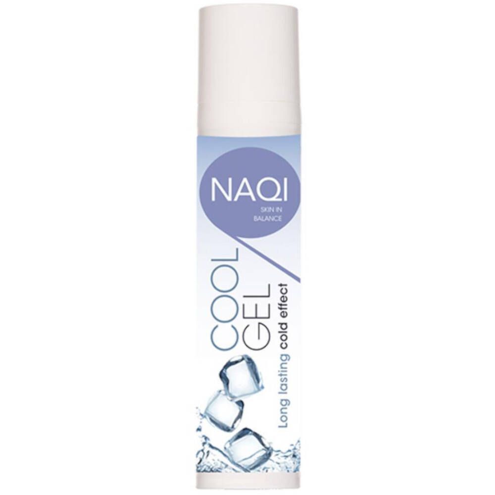Zylindrische Flasche mit NAQI Cool Gel-Etikett. Eiswürfel-Grafik. Weißer Deckel.