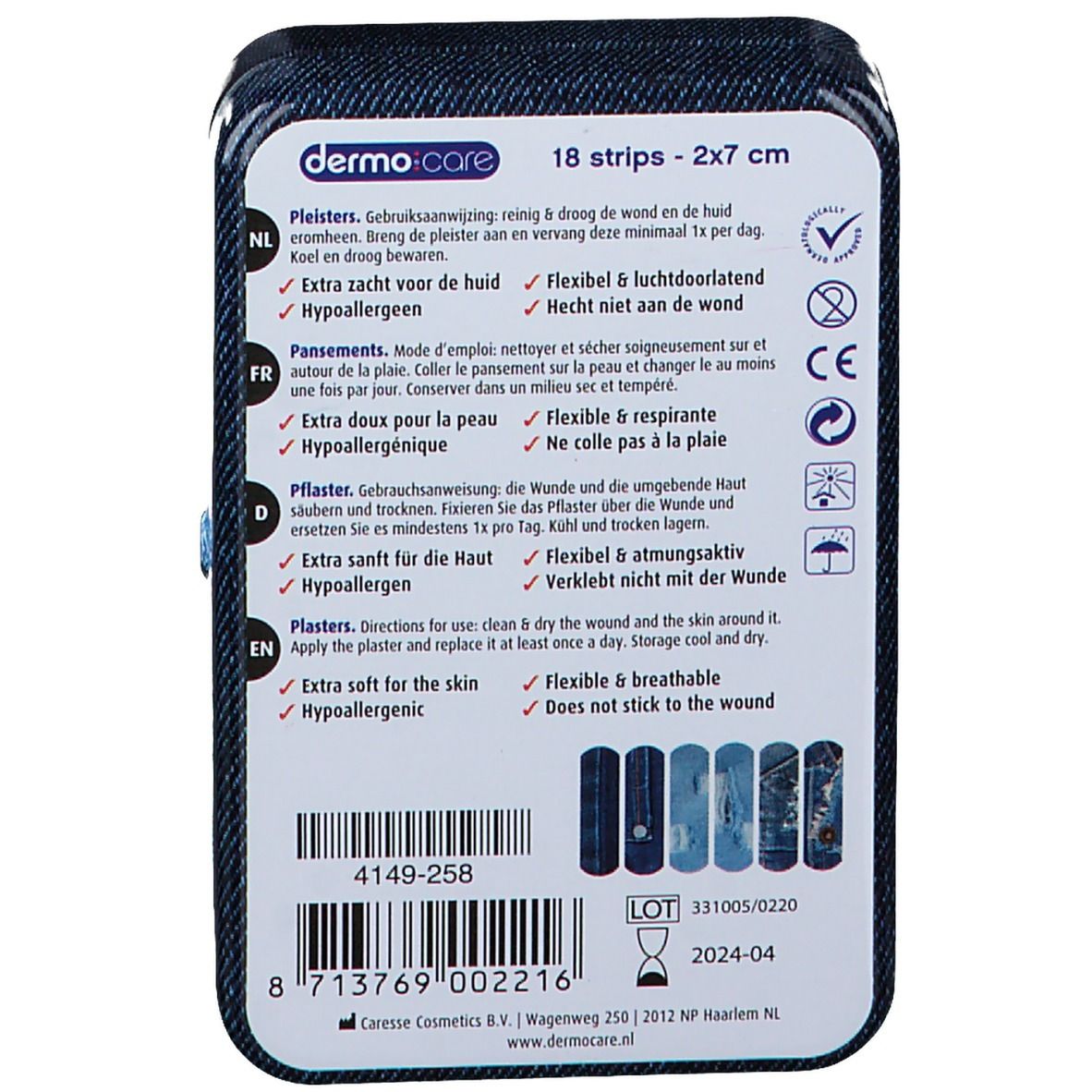Verpackung mit Pflastern. Marke: dermo:care. 18 Stück, 2x7 cm. Eigenschaften: extra weich, flexibel, atmungsaktiv, hypoallergen. CE-Zeichen.