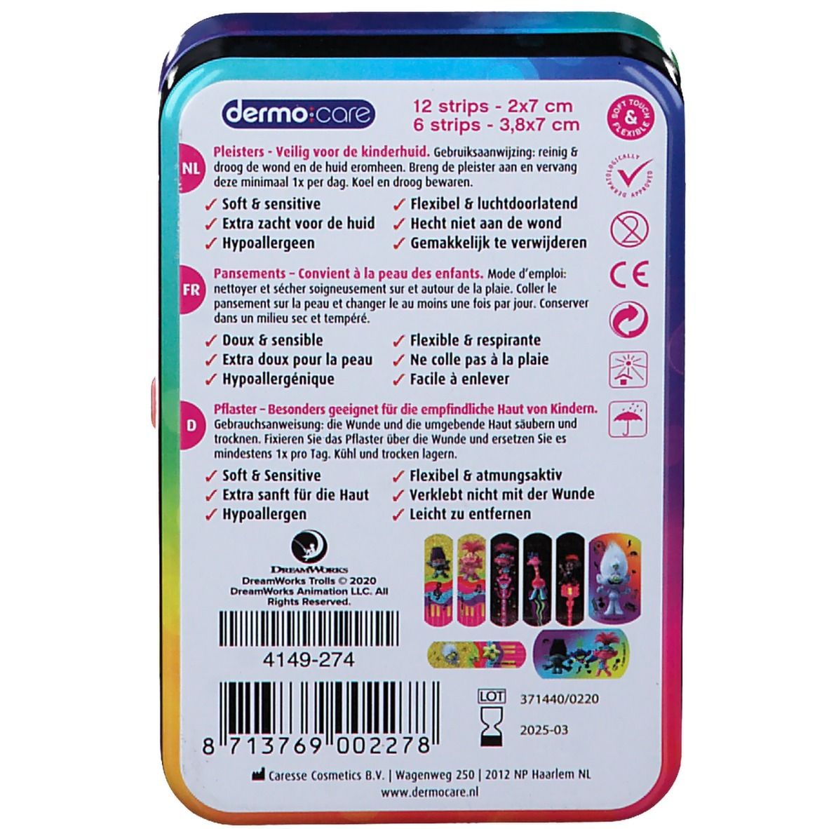 Pflasterpackung mit bunten Trolls-Motiven. Enthält 12 Streifen 2x7 cm und 6 Streifen 3,8x7 cm. Geeignet für empfindliche Haut. Flexibel und atmungsaktiv.