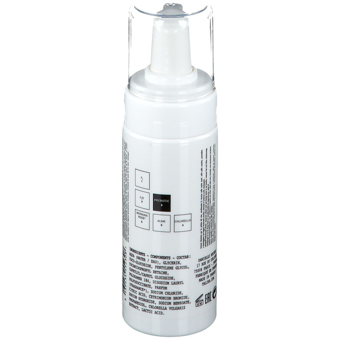 Weiße Flasche mit Pumpverschluss. Aufschrift: TALIKA Skintelligence Hydra, Gesichtsreinigungsschaum. 150ml, 5 fl. oz.