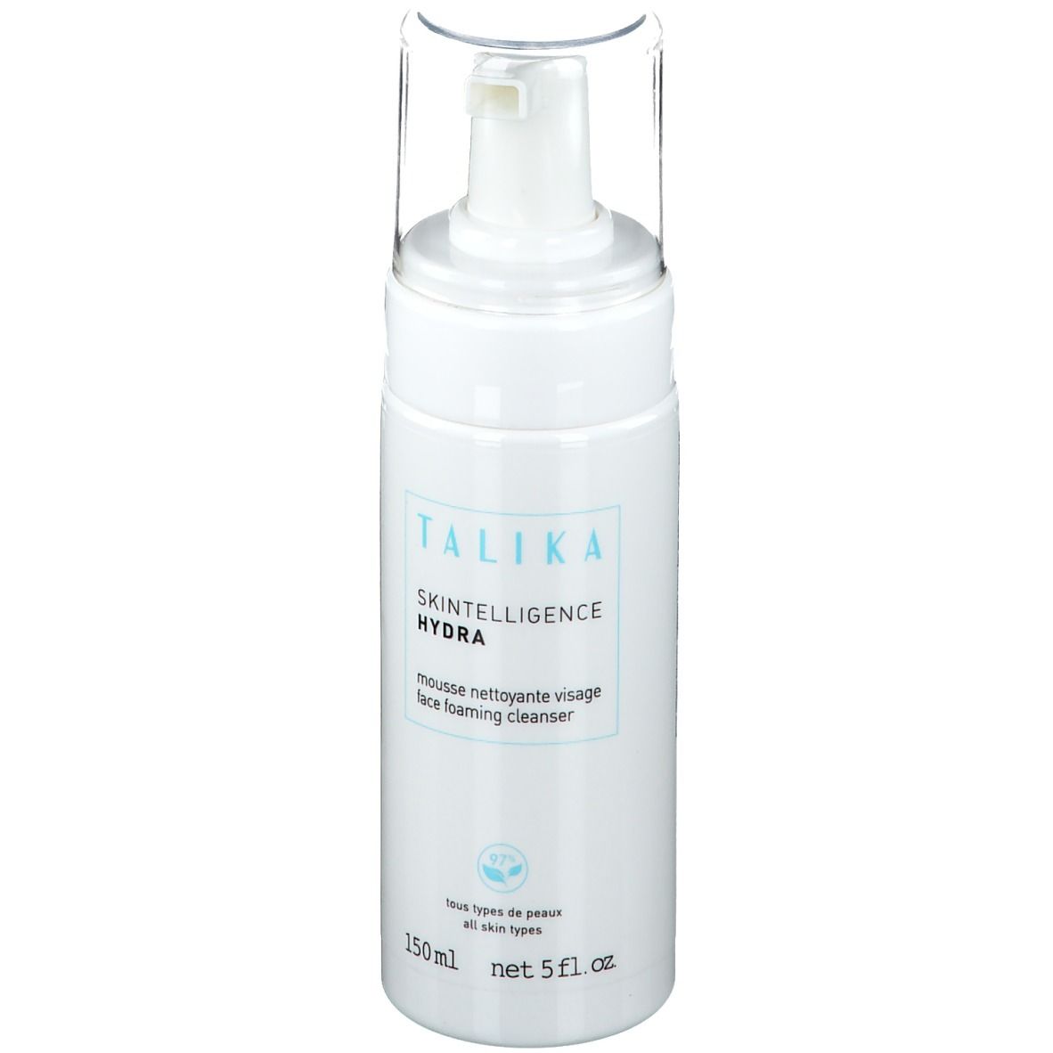 Weiße Flasche mit Pumpverschluss. Aufschrift: TALIKA Skintelligence Hydra, Gesichtsreinigungsschaum. 150ml, 5 fl. oz.