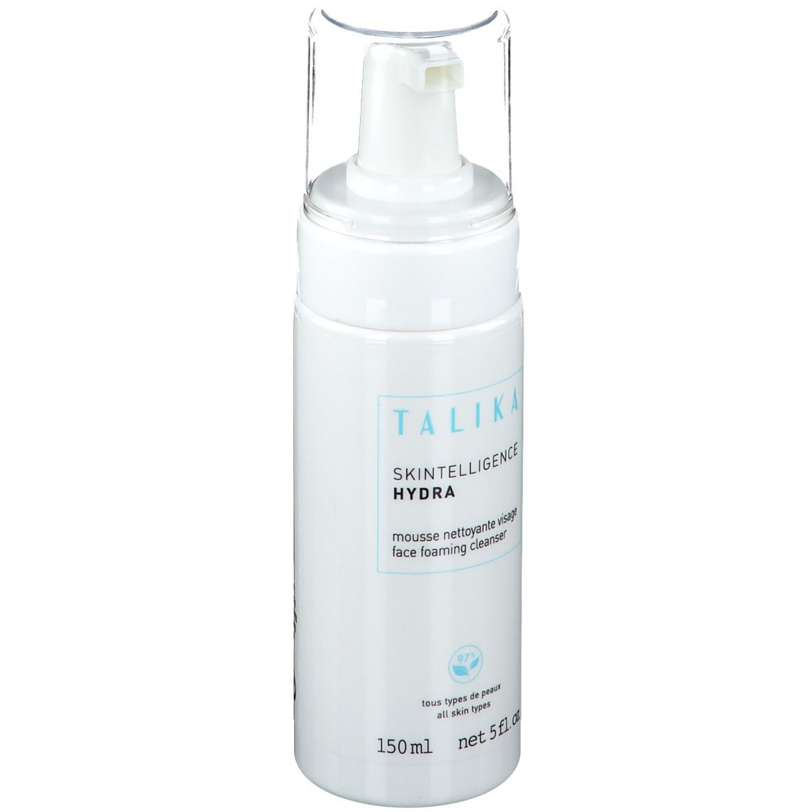 Weiße Flasche mit Pumpverschluss. Aufschrift: TALIKA Skintelligence Hydra, Gesichtsreinigungsschaum. 150ml, 5 fl. oz.