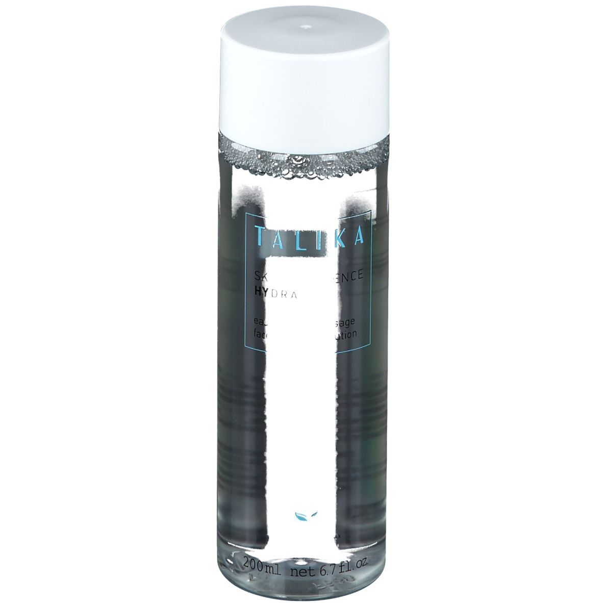 TALIKA Skintelligence Hydra Mizellenwasser. Transparente Flasche mit weißem Deckel. Blaue Schrift auf weißem Etikett.