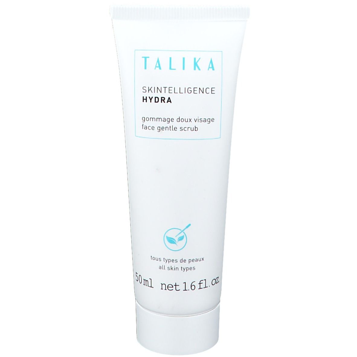 Weiße Tube mit TALIKA-Logo und Produktnamen. Text: Skintelligence Hydra, gommage doux visage, face gentle scrub. 50ml.