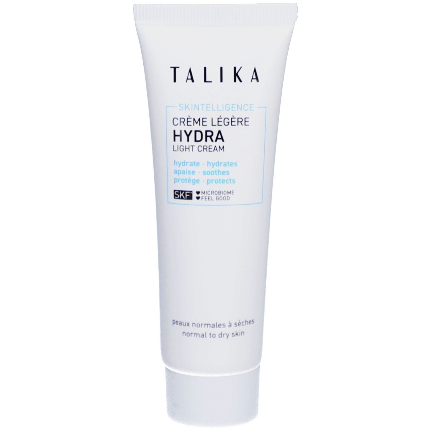 Weiße Tube mit Produktinformationen. Text: "TALIKA", "SKINTELLIGENCE HYDRA", Creme.