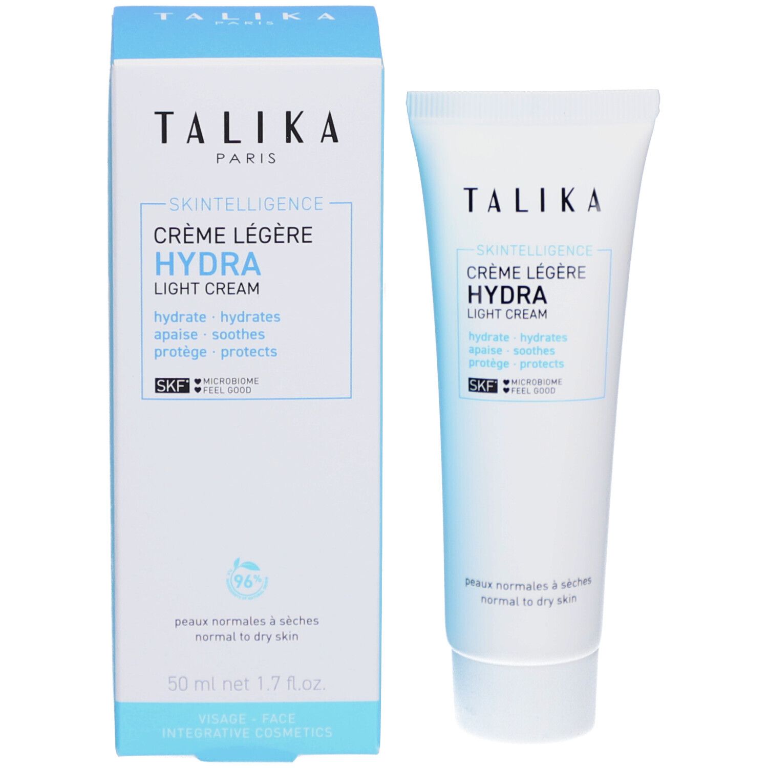 Weiße Verpackung mit Tube. Text: "TALIKA", "SKINTELLIGENCE HYDRA", Creme. 50 ml.