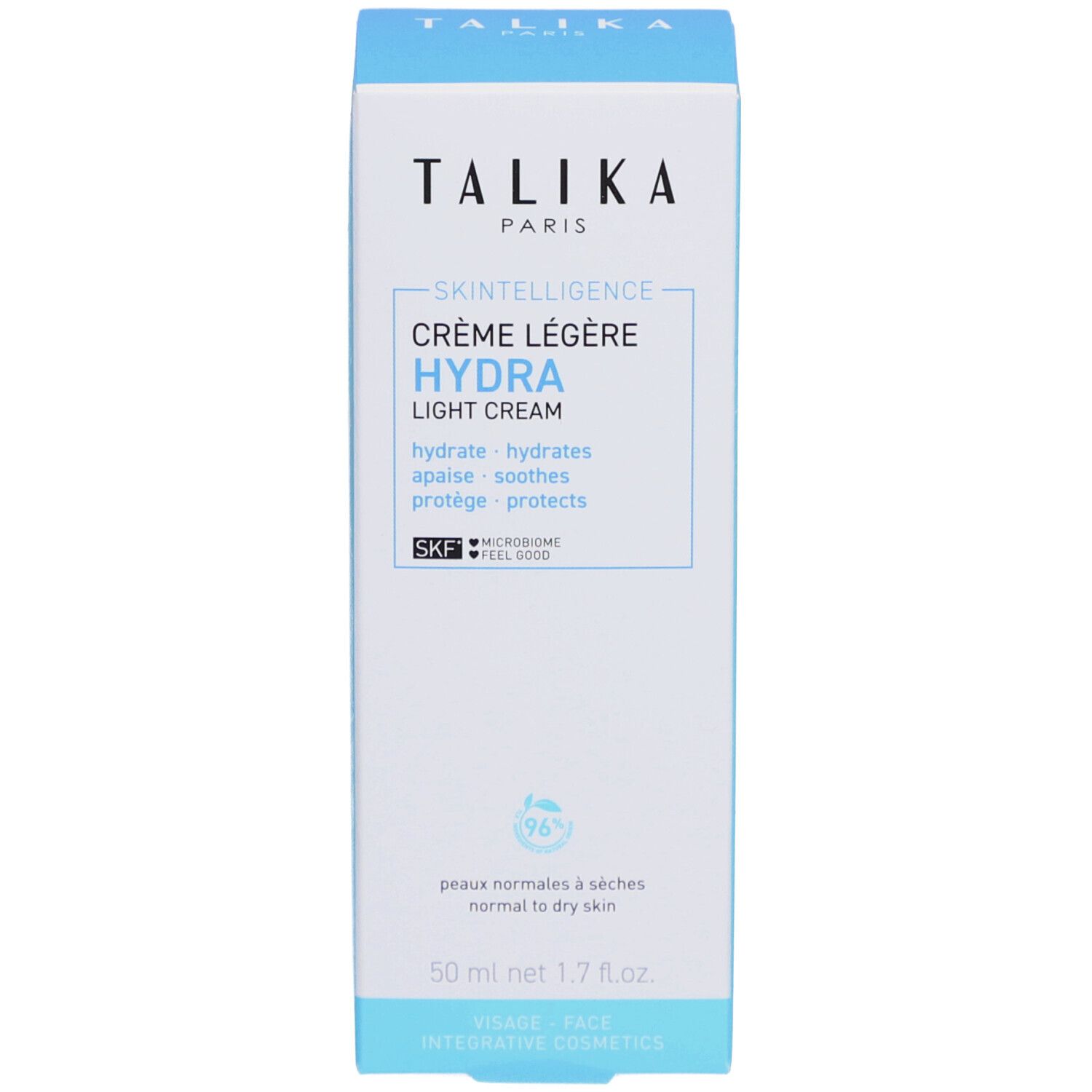 Weiße Verpackung mit Produktinformationen. Text: "TALIKA", "SKINTELLIGENCE HYDRA", Creme. 50 ml.