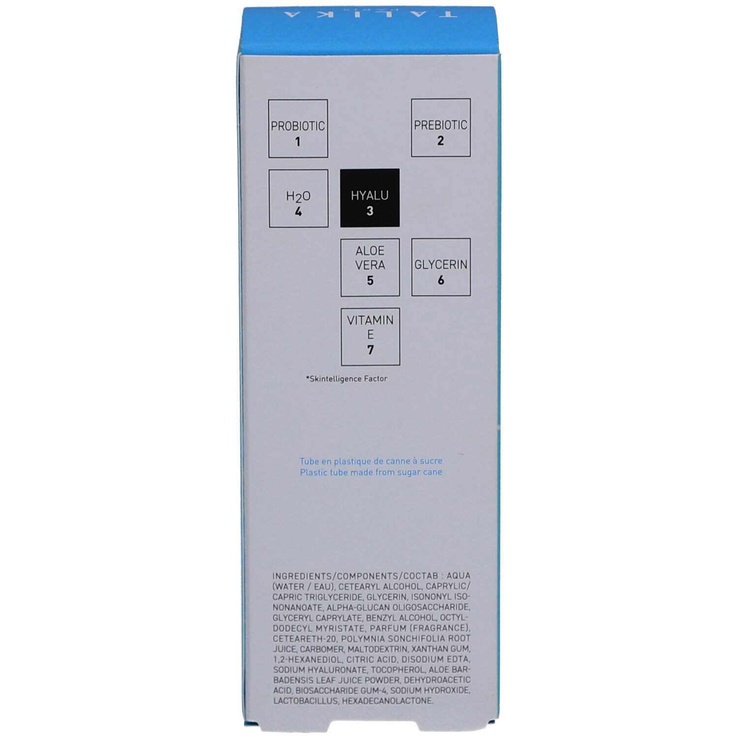 Weiße Verpackung, Rückseite. Text: Inhaltsstoffe, Symbole, Herstelleradresse.