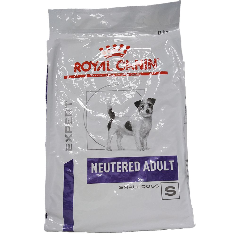 Beutel ROYAL CANIN Veterinary Adult. Aufdruck: EXPERT, NEUTERED ADULT, SMALL DOGS, S. Abbildung eines Hundes.