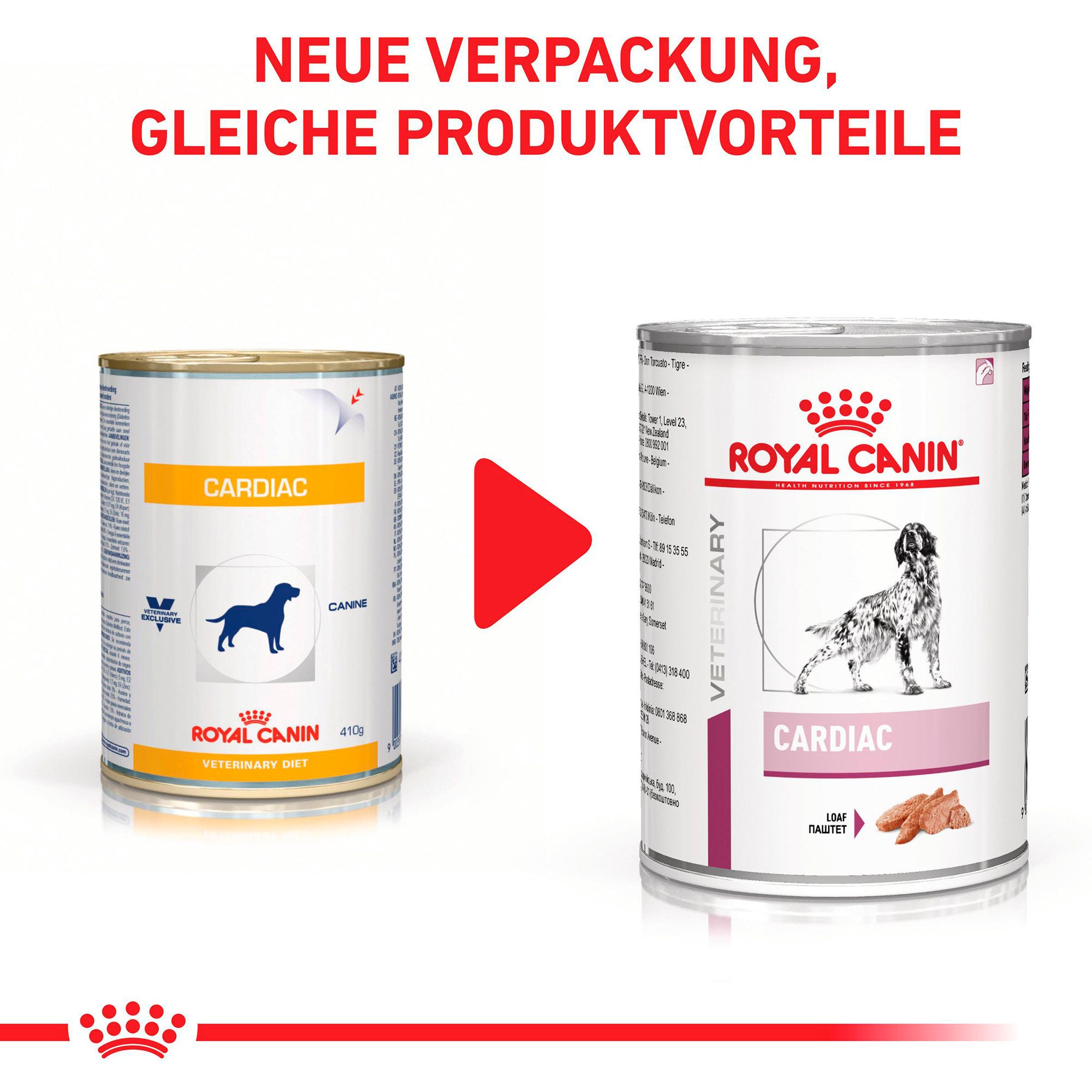 Verpackung mit 10 Dosen ROYAL CANIN® Veterinary Cardiac Hundefutter, von der Seite gezeigt.