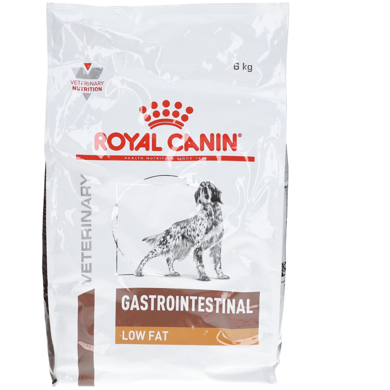 Beutel ROYAL CANIN Veterinary Gastrointestinal Low Fat. Aufdruck: Logo, Hund, Gastrointestinal, Low Fat, 6 kg.