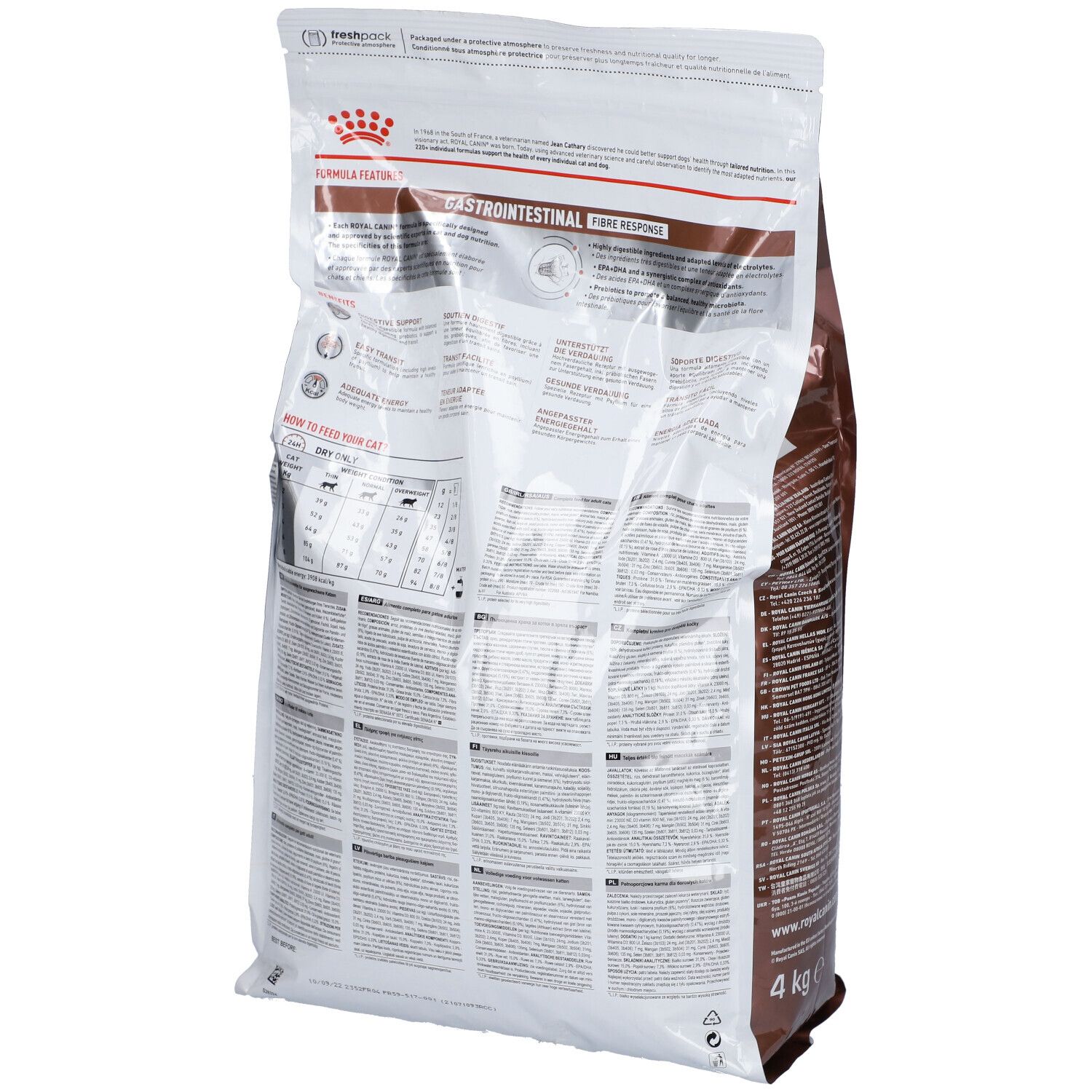 Rückseite eines 4 kg Sackes Royal Canin Veterinary Gastrointestinal Fibre Response mit Fütterungstabelle.