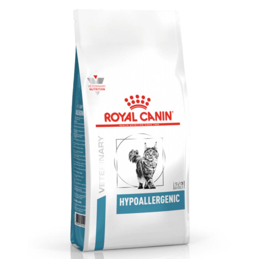 Beutel Royal Canin Veterinary Feline Hypoallergenic. Weiß, mit Logo, Katze, und Text: Hypoallergenic.
