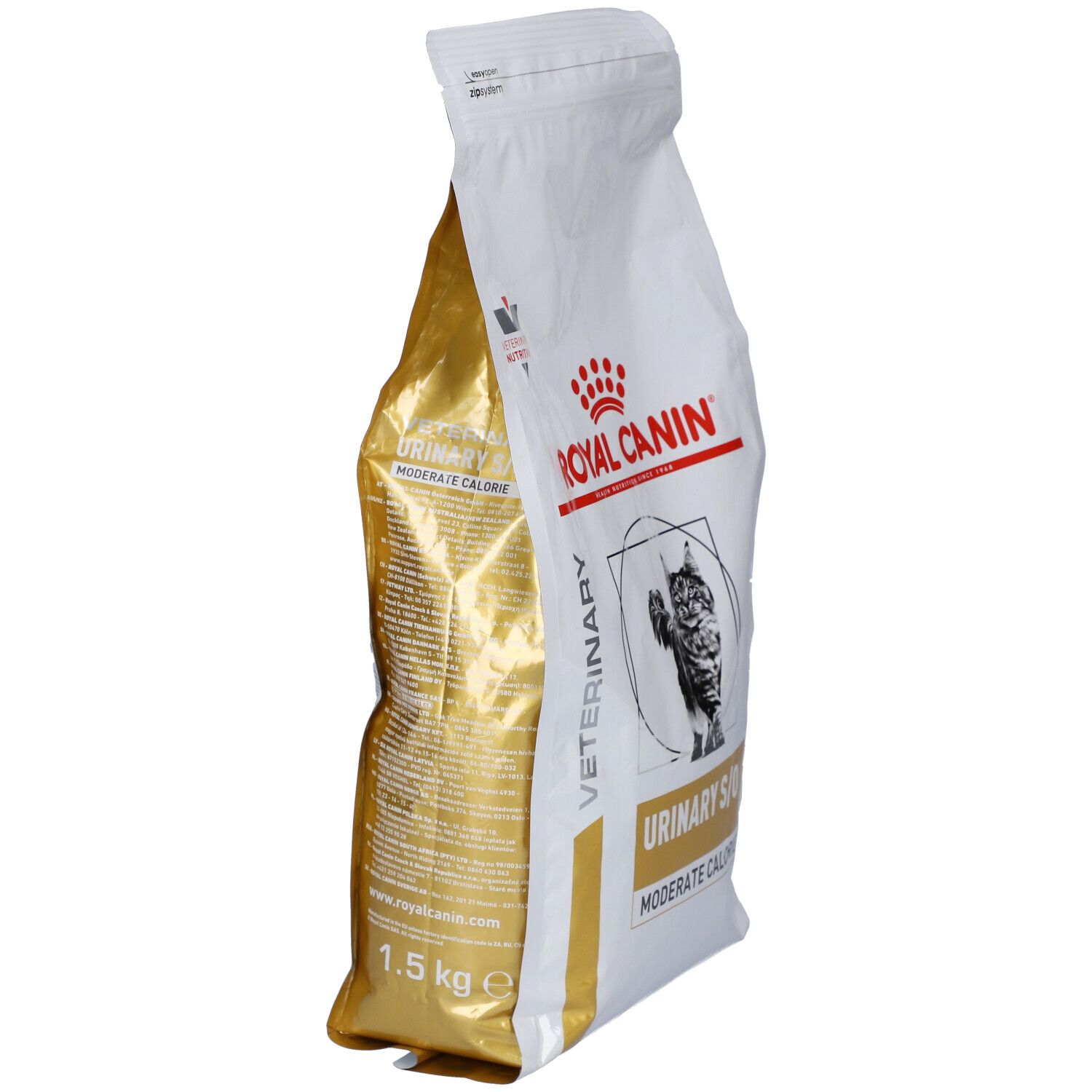 Geöffnete Tüte ROYAL CANIN Urinary S/O Moderate Calorie. Goldfarbene Innenseite sichtbar. 1,5 kg.