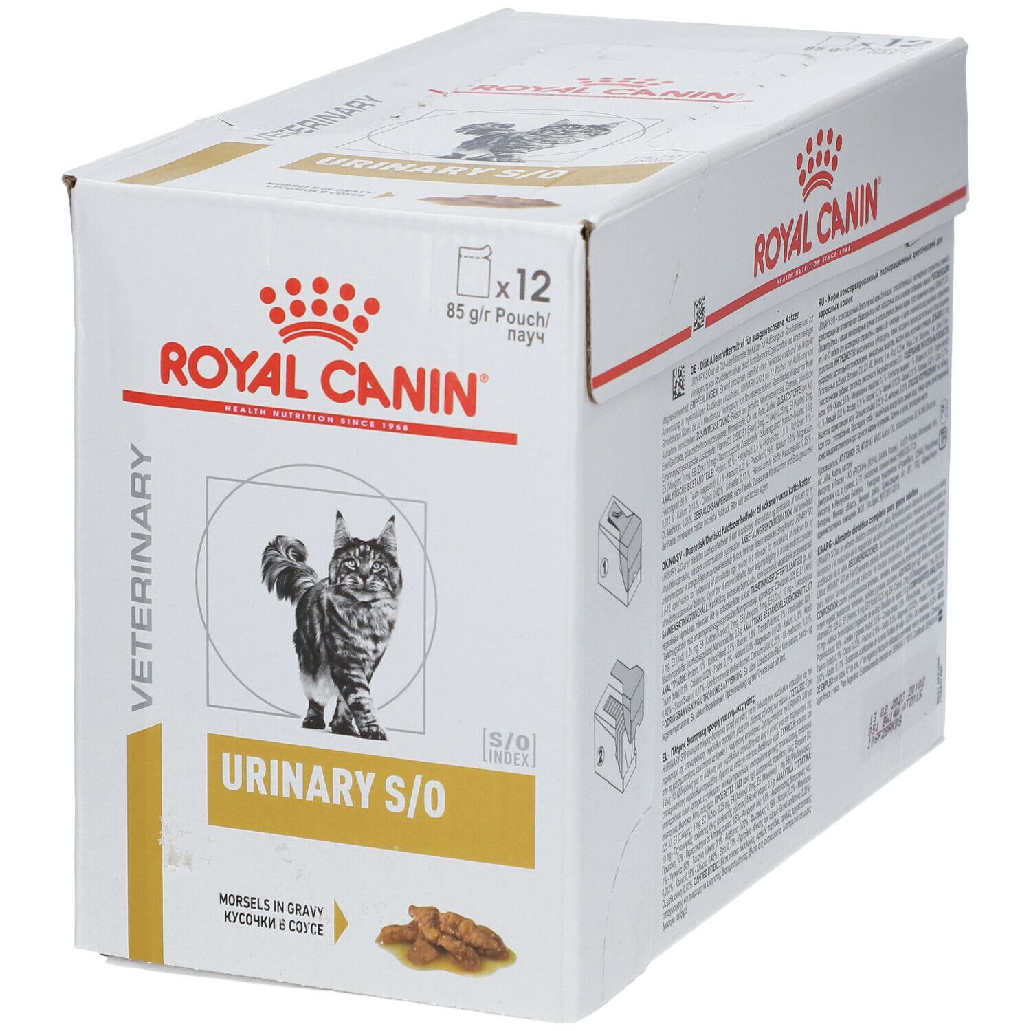 Karton ROYAL CANIN Veterinary Urinary S/O, 12 Beutel. Aufdruck: Katze, Produktname, Morsels in Gravy.