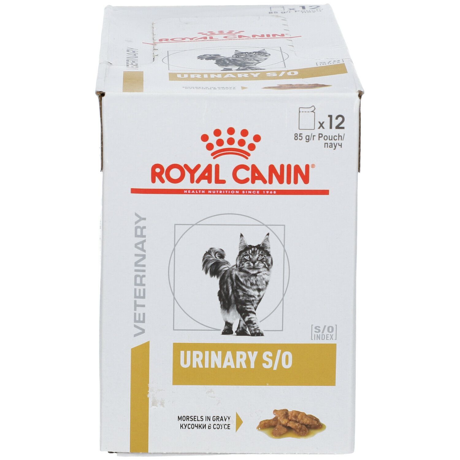 Karton ROYAL CANIN Veterinary Urinary S/O, 12 Beutel. Aufdruck: Katze, Produktname, Morsels in Gravy.
